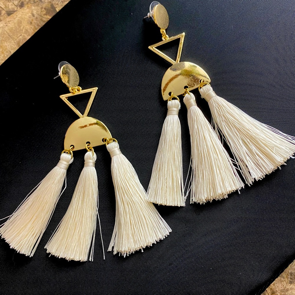 Gold White fringe earrings